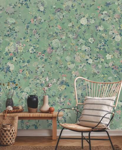 mural floral personalizable verde llamado Aureline de Loris Drago para comedores y salas de estar