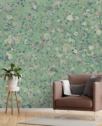 mural floral personalizable verde llamado Aureline de Loris Drago para comedores y salas de estar mural floral personalizable verde llamado Aureline de Loris Drago para comedores y salas de estar