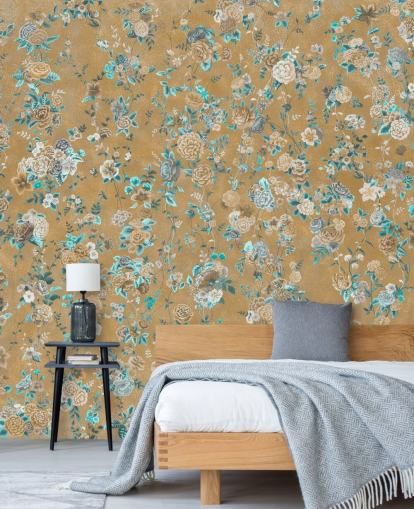 peinture murale florale marron et bleu appelée Aureline II de Loris Drago pour les salles à manger et les chambres