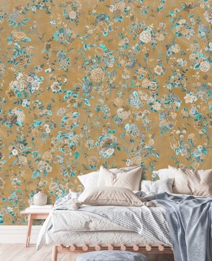 brown and blue floral mural called Aureline II by Loris Drago for dining rooms and bedrooms
