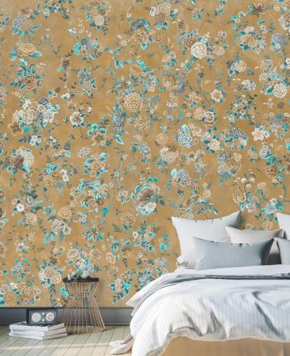 mural floral marrón y azul llamado Aureline II de Loris Drago para comedores y dormitorios