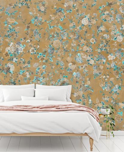 bruine en blauwe bloemenmuurschildering genaamd Aureline II van Loris Drago voor eetkamers en slaapkamers