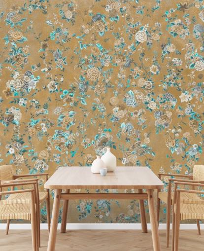 mural floral marrón y azul llamado Aureline II de Loris Drago para comedores y dormitorios