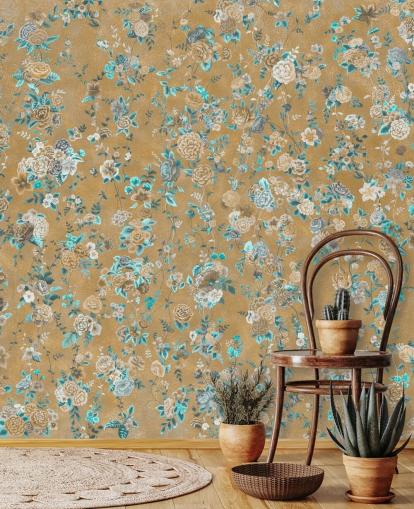 mural floral marrom e azul chamado Aureline II de Loris Drago para salas de jantar e quartos