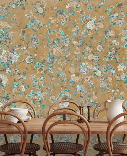 bruine en blauwe bloemenmuurschildering genaamd Aureline II van Loris Drago voor eetkamers en slaapkamers bruine en blauwe bloemenmuurschildering genaamd Aureline II van Loris Drago voor eetkamers en slaapkamers