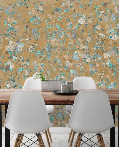 bruine en blauwe bloemenmuurschildering genaamd Aureline II van Loris Drago voor eetkamers en slaapkamers