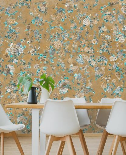murale floreale marrone e blu chiamato Aureline II di Loris Drago per sale da pranzo e camere da letto