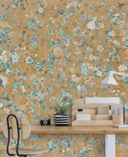 brown and blue floral mural called Aureline II by Loris Drago for dining rooms and bedrooms