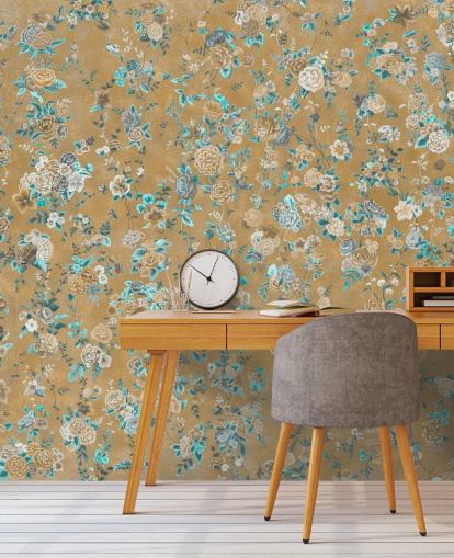 braunes und blaues Blumenwandbild namens Aureline II von Loris Drago für Esszimmer und Schlafzimmer braunes und blaues Blumenwandbild namens Aureline II von Loris Drago für Esszimmer und Schlafzimmer