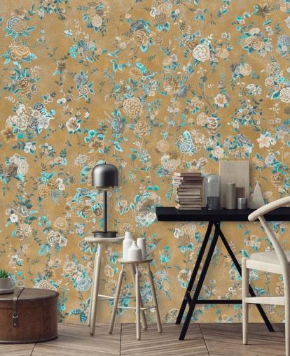 mural floral marrón y azul llamado Aureline II de Loris Drago para comedores y dormitorios