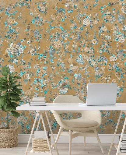 brown and blue floral mural called Aureline II by Loris Drago for dining rooms and bedrooms