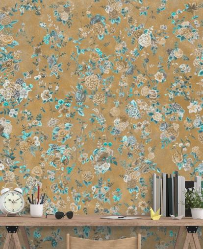 bruine en blauwe bloemenmuurschildering genaamd Aureline II van Loris Drago voor eetkamers en slaapkamers