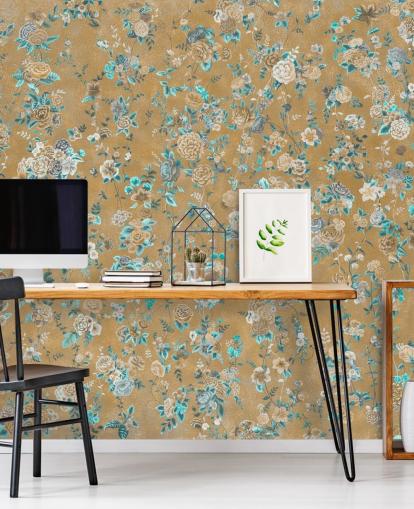 mural floral marrón y azul llamado Aureline II de Loris Drago para comedores y dormitorios