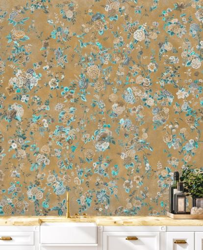 braunes und blaues Blumenwandbild namens Aureline II von Loris Drago für Esszimmer und Schlafzimmer
