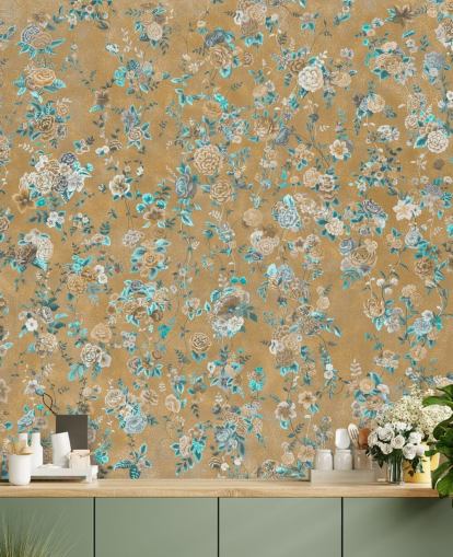 braunes und blaues Blumenwandbild namens Aureline II von Loris Drago für Esszimmer und Schlafzimmer braunes und blaues Blumenwandbild namens Aureline II von Loris Drago für Esszimmer und Schlafzimmer