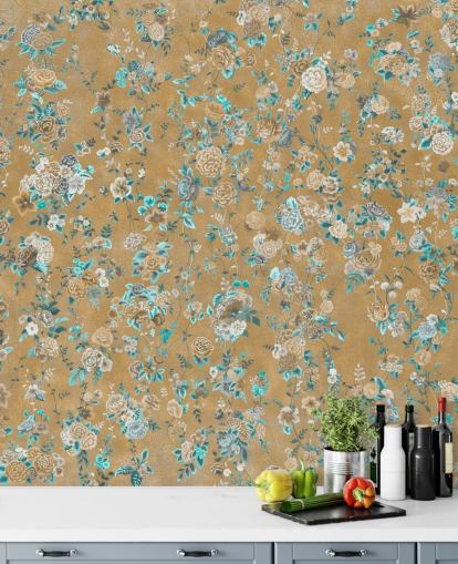 bruine en blauwe bloemenmuurschildering genaamd Aureline II van Loris Drago voor eetkamers en slaapkamers