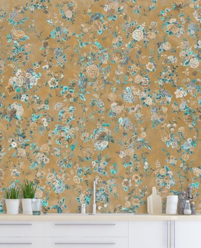 brown and blue floral mural called Aureline II by Loris Drago for dining rooms and bedrooms brown and blue floral mural called Aureline II by Loris Drago for dining rooms and bedrooms