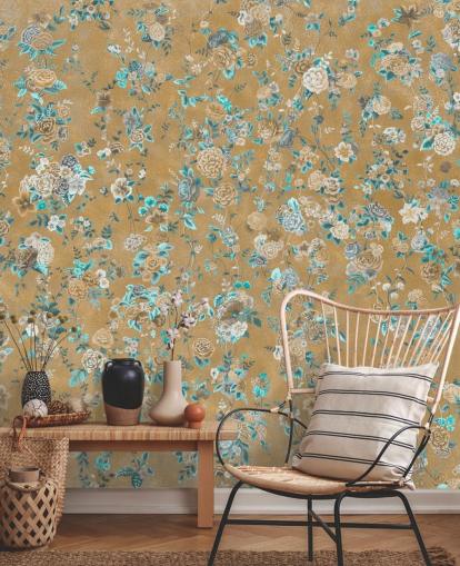 peinture murale florale marron et bleu appelée Aureline II de Loris Drago pour les salles à manger et les chambres