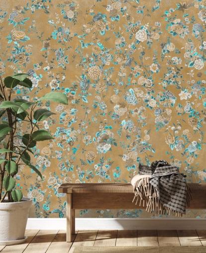 braunes und blaues Blumenwandbild namens Aureline II von Loris Drago für Esszimmer und Schlafzimmer