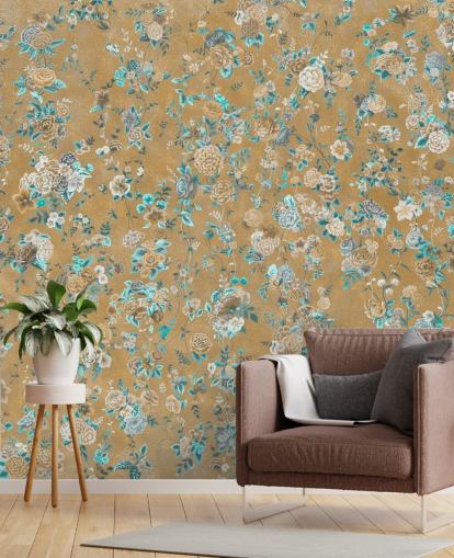 mural floral marrom e azul chamado Aureline II de Loris Drago para salas de jantar e quartos mural floral marrom e azul chamado Aureline II de Loris Drago para salas de jantar e quartos
