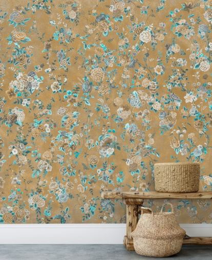 mural floral marrón y azul llamado Aureline II de Loris Drago para comedores y dormitorios