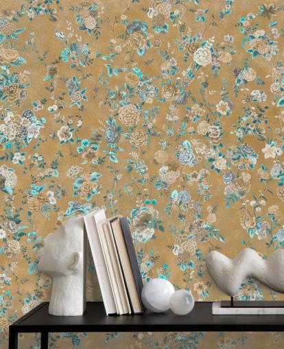 mural floral marrom e azul chamado Aureline II de Loris Drago para salas de jantar e quartos