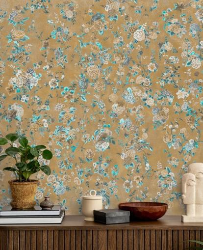 brown and blue floral mural called Aureline II by Loris Drago for dining rooms and bedrooms brown and blue floral mural called Aureline II by Loris Drago for dining rooms and bedrooms