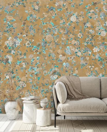 brown and blue floral mural called Aureline II by Loris Drago for dining rooms and bedrooms
