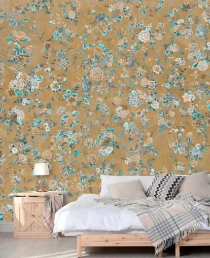 peinture murale florale marron et bleu appelée Aureline II de Loris Drago pour les salles à manger et les chambres
