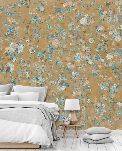brown and blue floral mural called Aureline II by Loris Drago for dining rooms and bedrooms