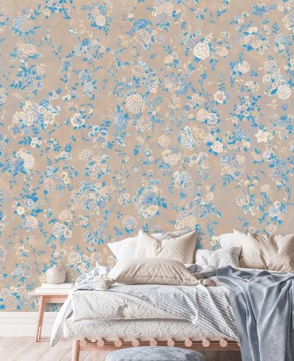 mural de parede floral vintage personalizável em bege chamado Aureline III de Loris Drago para salas de jantar e corredores