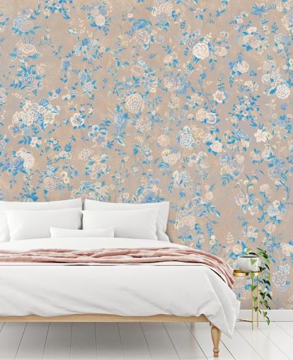 mural de pared floral vintage personalizable de color beige llamado Aureline III de Loris Drago para comedores y pasillos