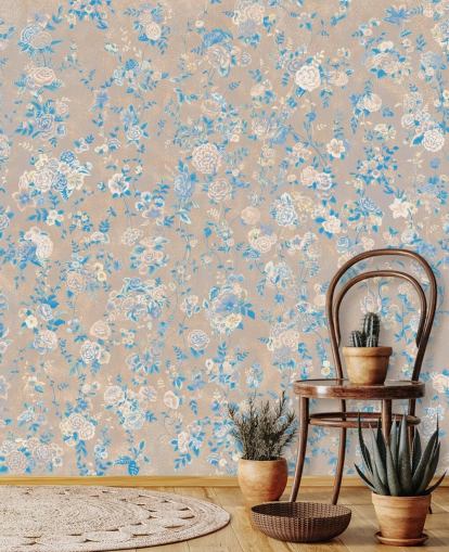 beige aanpasbare vintage bloemenmuurschildering genaamd Aureline III van Loris Drago voor eetkamers en gangen