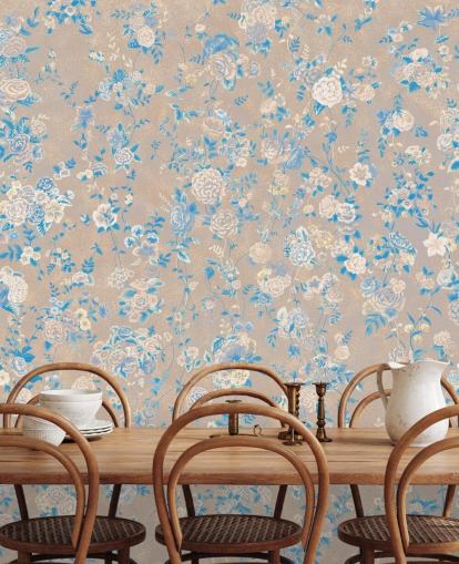 beige aanpasbare vintage bloemenmuurschildering genaamd Aureline III van Loris Drago voor eetkamers en gangen