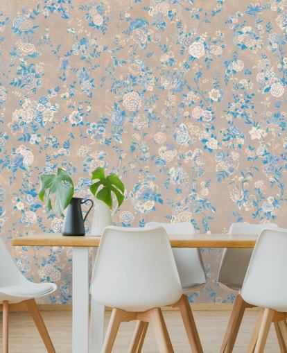 beige aanpasbare vintage bloemenmuurschildering genaamd Aureline III van Loris Drago voor eetkamers en gangen