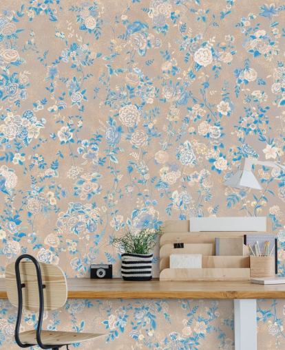 mural de parede floral vintage personalizável em bege chamado Aureline III de Loris Drago para salas de jantar e corredores