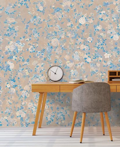 Beiges personalisierbares Vintage-Wandbild mit Blumenmuster namens Aureline III von Loris Drago für Esszimmer und Flure