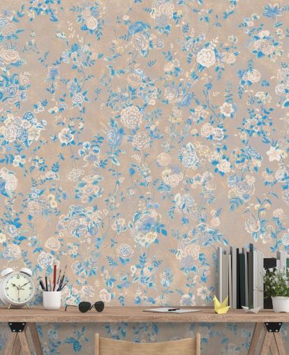 beige aanpasbare vintage bloemenmuurschildering genaamd Aureline III van Loris Drago voor eetkamers en gangen