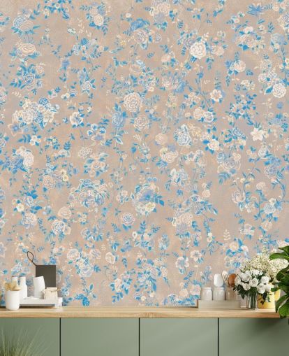 beige aanpasbare vintage bloemenmuurschildering genaamd Aureline III van Loris Drago voor eetkamers en gangen