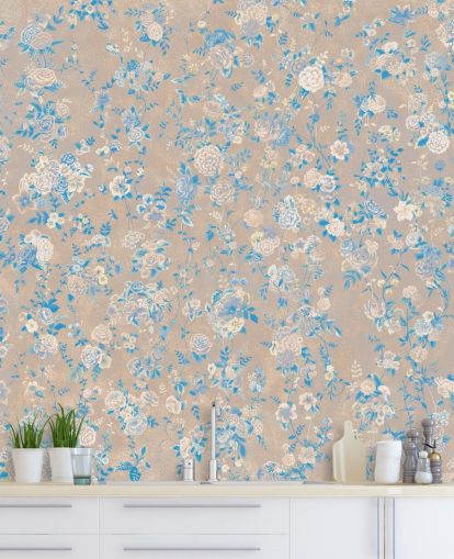 mural de pared floral vintage personalizable de color beige llamado Aureline III de Loris Drago para comedores y pasillos