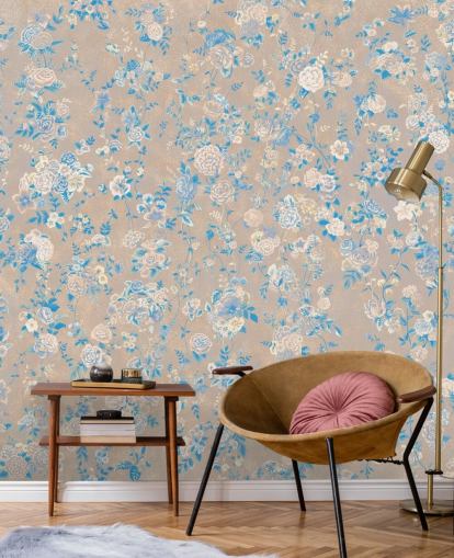 mural de pared floral vintage personalizable de color beige llamado Aureline III de Loris Drago para comedores y pasillos