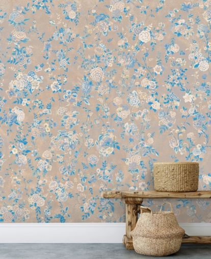 mural de parede floral vintage personalizável em bege chamado Aureline III de Loris Drago para salas de jantar e corredores mural de parede floral vintage personalizável em bege chamado Aureline III de Loris Drago para salas de jantar e corredores