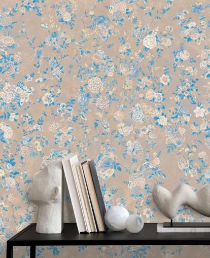 beige customisable vintage floral wall mural called Aureline III by Loris Drago for dining rooms and hallways