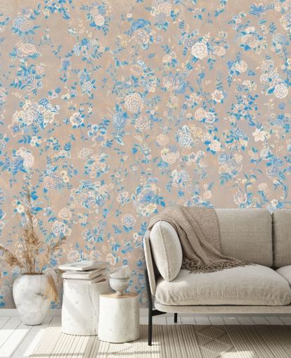 murale floreale vintage beige personalizzabile chiamato Aureline III di Loris Drago per sale da pranzo e corridoi