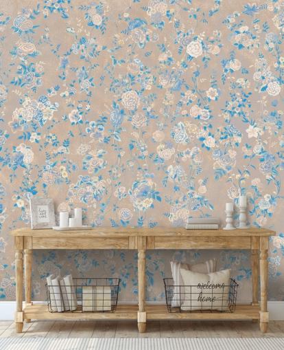 beige customisable vintage floral wall mural called Aureline III by Loris Drago for dining rooms and hallways