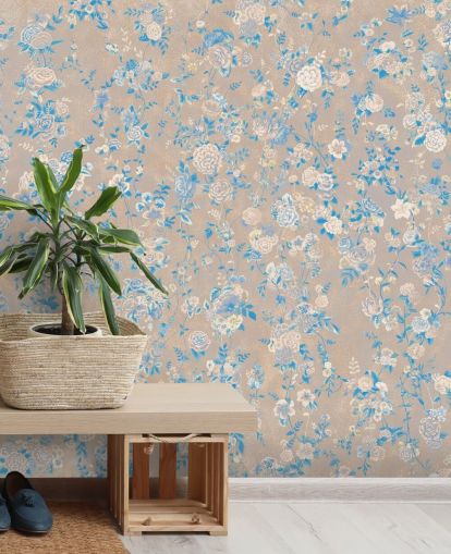 mural de parede floral vintage personalizável em bege chamado Aureline III de Loris Drago para salas de jantar e corredores