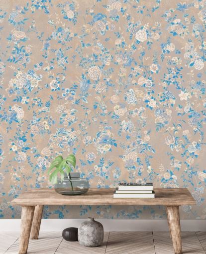 mural de pared floral vintage personalizable de color beige llamado Aureline III de Loris Drago para comedores y pasillos mural de pared floral vintage personalizable de color beige llamado Aureline III de Loris Drago para comedores y pasillos
