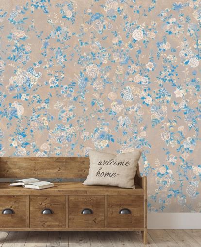 beige tilpassbar vintage blomsterveggmaleri kalt Aureline III av Loris Drago for spisestuer og ganger