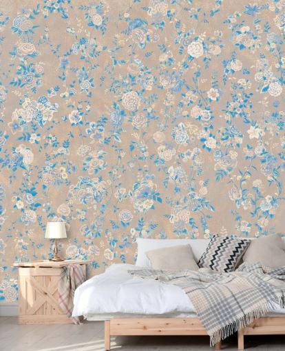 Beiges personalisierbares Vintage-Wandbild mit Blumenmuster namens Aureline III von Loris Drago für Esszimmer und Flure