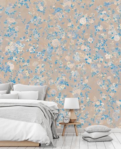 mural de pared floral vintage personalizable de color beige llamado Aureline III de Loris Drago para comedores y pasillos